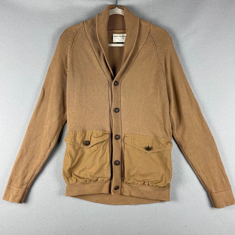 French Connection Safari Cardigan Sweater Mens Medium Tan Shawl Collar Cotton